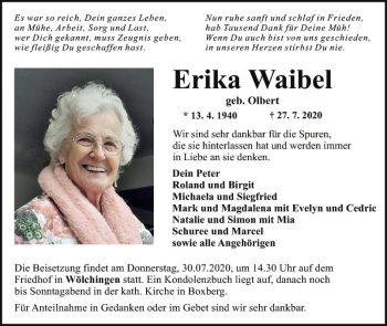 Traueranzeige von Erika Waibel von Fränkische Nachrichten