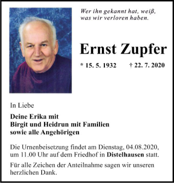 Traueranzeige von Ernst Zupfer von Fränkische Nachrichten