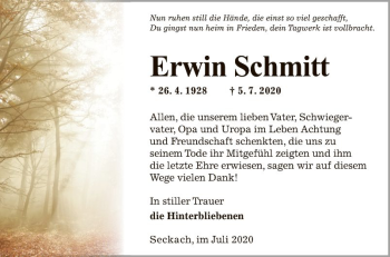 Traueranzeige von Erwin Schmitt von Fränkische Nachrichten