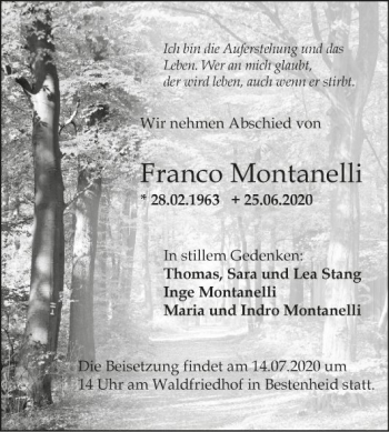 Traueranzeige von Franco Montanelli von Fränkische Nachrichten