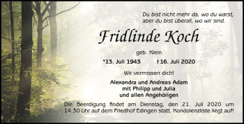 Traueranzeige von Fridlinde Koch von Mannheimer Morgen