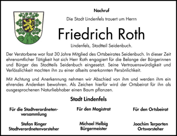 Traueranzeige von Friedrich Roth von Bergsträßer Anzeiger