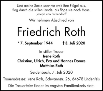 Traueranzeige von Friedrich Roth von Bergsträßer Anzeiger