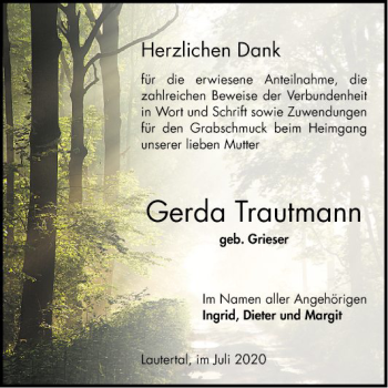 Traueranzeige von Gerda Trautmann von Bergsträßer Anzeiger