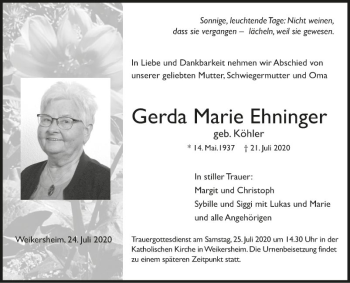 Traueranzeige von Gerda Marie Ehninger von Fränkische Nachrichten
