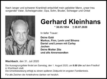 Traueranzeige von Gerhard Kleinhans von Fränkische Nachrichten