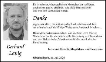 Traueranzeige von Gerhard Lanig von Fränkische Nachrichten