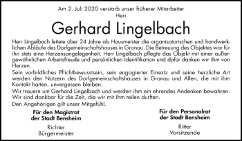 Traueranzeige von Gerhard Lingelbach von Bergsträßer Anzeiger