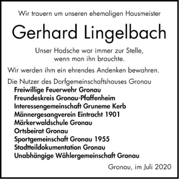 Traueranzeige von Gerhard Lingelbach von Bergsträßer Anzeiger