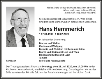 Traueranzeige von Hans Hemmerich von Fränkische Nachrichten