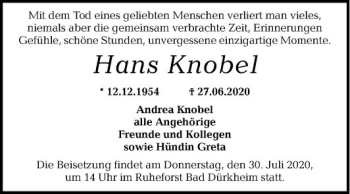 Traueranzeige von Hans Knobel von Mannheimer Morgen