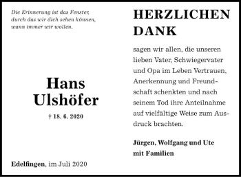 Traueranzeige von Hans Ulshöfer von Fränkische Nachrichten