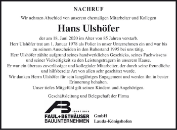 Traueranzeige von Hans Ulshöfer von Fränkische Nachrichten