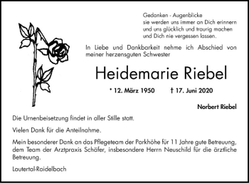 Traueranzeige von Heidemarie Riebel von Bergsträßer Anzeiger