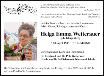 Traueranzeige von Helga Emma Wetterauer von Fränkische Nachrichten