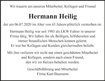 Traueranzeige von Hermann Heilig von Fränkische Nachrichten