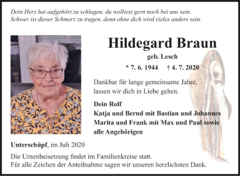 Traueranzeige von Hildegard Braun von Fränkische Nachrichten