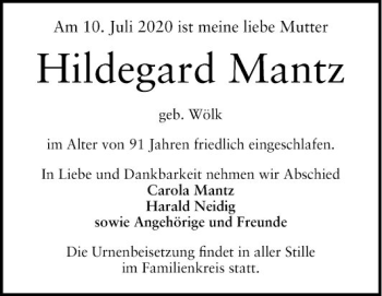 Traueranzeige von Hildegard Mantz von Mannheimer Morgen