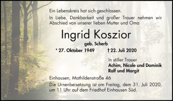 Traueranzeige von Ingrid Koszior von Bergsträßer Anzeiger