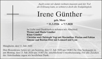 Traueranzeige von Irene Günther von Fränkische Nachrichten