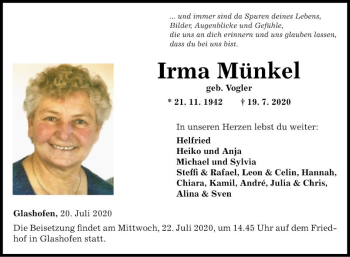 Traueranzeige von Irma Münkel von Fränkische Nachrichten