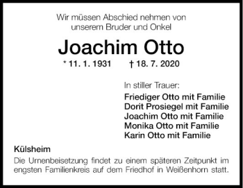 Traueranzeige von Joachim Otto von Fränkische Nachrichten