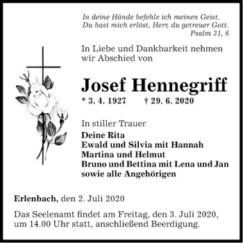 Traueranzeige von Josef Hennegriff von Fränkische Nachrichten