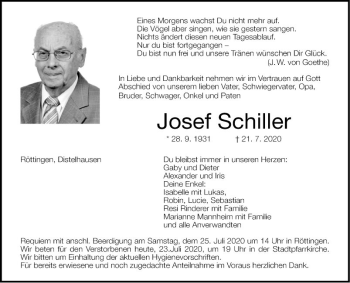 Traueranzeige von Josef Schiller von Fränkische Nachrichten