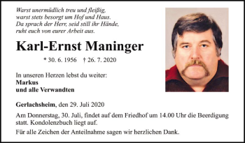 Traueranzeige von Karl-Ernst Maninger von Fränkische Nachrichten