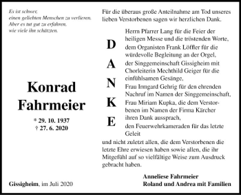 Traueranzeige von Konrad Fahrmeier von Fränkische Nachrichten