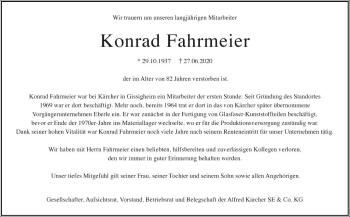 Traueranzeige von Konrad Fahrmeier von Fränkische Nachrichten