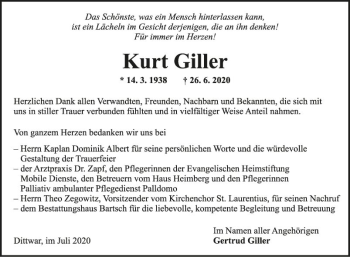 Traueranzeige von Kurt Giller von Fränkische Nachrichten