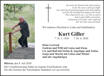 Traueranzeige von Kurt Giller von Fränkische Nachrichten