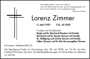 Traueranzeige von Lorenz Zimmer von Bergsträßer Anzeiger