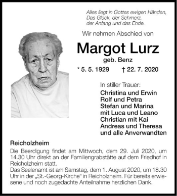 Traueranzeige von Margot Lurz von Fränkische Nachrichten