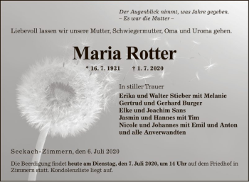 Traueranzeige von Maria Rotter von Fränkische Nachrichten