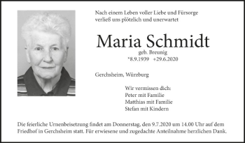 Traueranzeige von Maria Schmidt von Fränkische Nachrichten