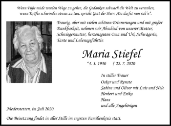 Traueranzeige von Maria Stiefel von Fränkische Nachrichten