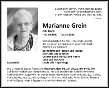 Traueranzeige von Marianne Grein von Fränkische Nachrichten