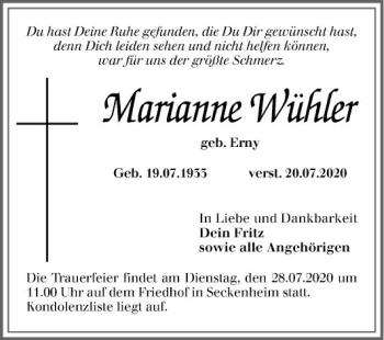 Traueranzeige von Marianne Wühler von Mannheimer Morgen