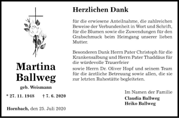 Traueranzeige von Martina Ballweg von Fränkische Nachrichten