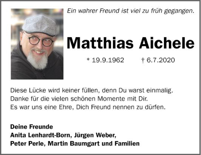  Traueranzeige für Matthias Aichele vom 18.07.2020 aus Mannheimer Morgen