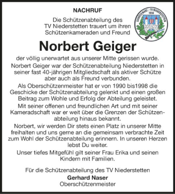 Traueranzeige von Norbert Geiger von Fränkische Nachrichten