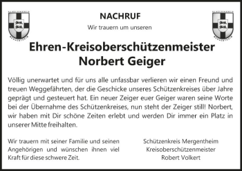 Traueranzeige von Norbert Geiger von Fränkische Nachrichten