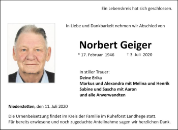 Traueranzeige von Norbert Geiger von Fränkische Nachrichten