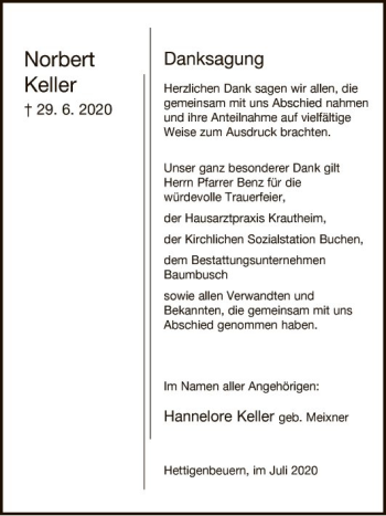 Traueranzeige von Norbert Keller von Fränkische Nachrichten