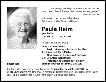 Traueranzeige von Paula Heim von Fränkische Nachrichten