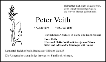 Traueranzeige von Peter Veith von Bergsträßer Anzeiger