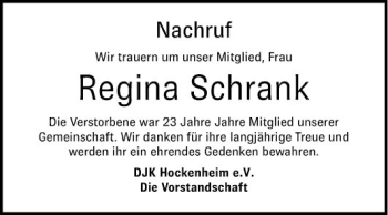 Traueranzeige von Regina Schrank von Schwetzinger Zeitung