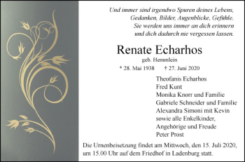 Traueranzeige von Renate Echarhos von Mannheimer Morgen